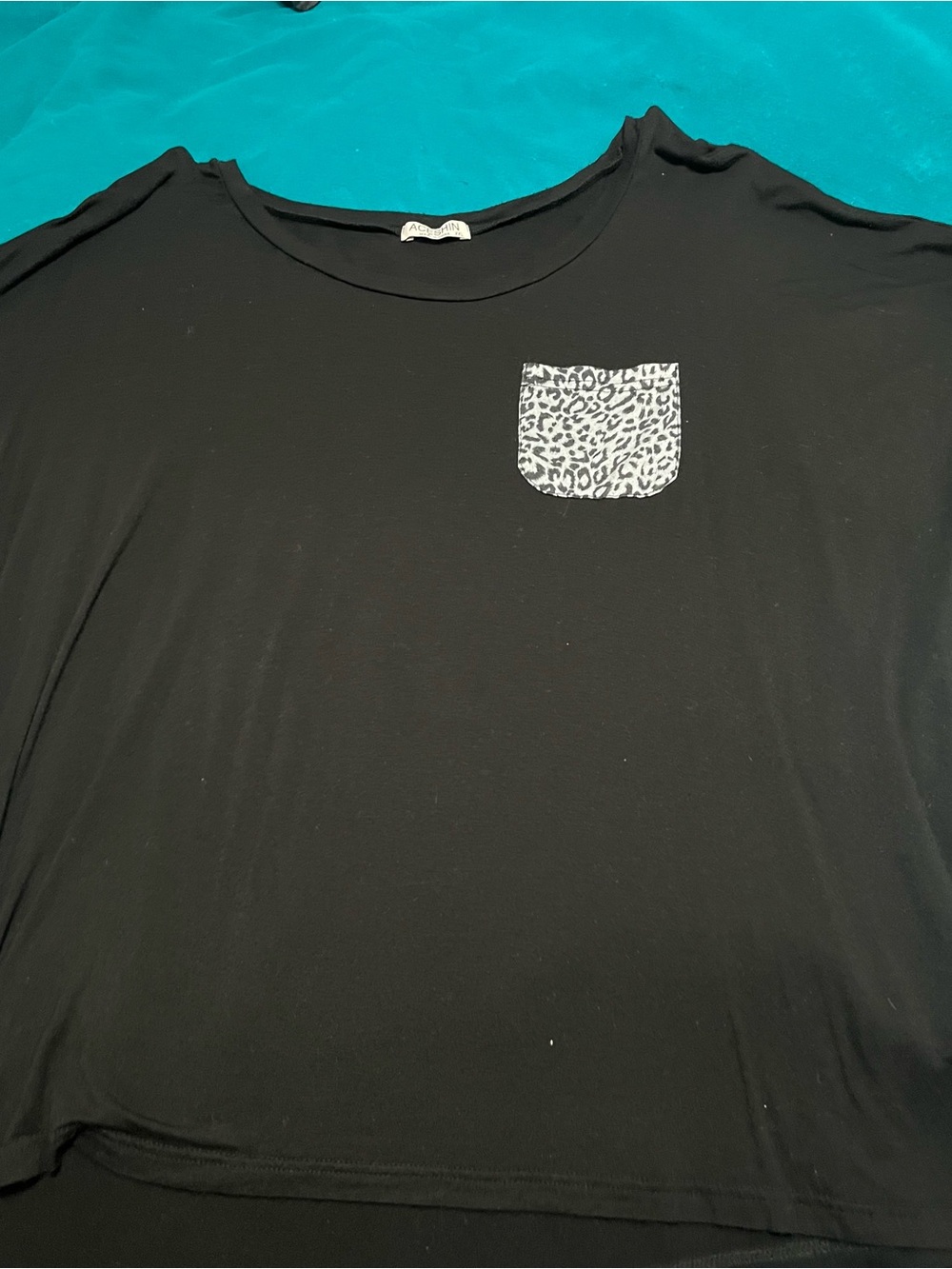 Black Short-Sleeve Tee with Leopard Print Pocket
